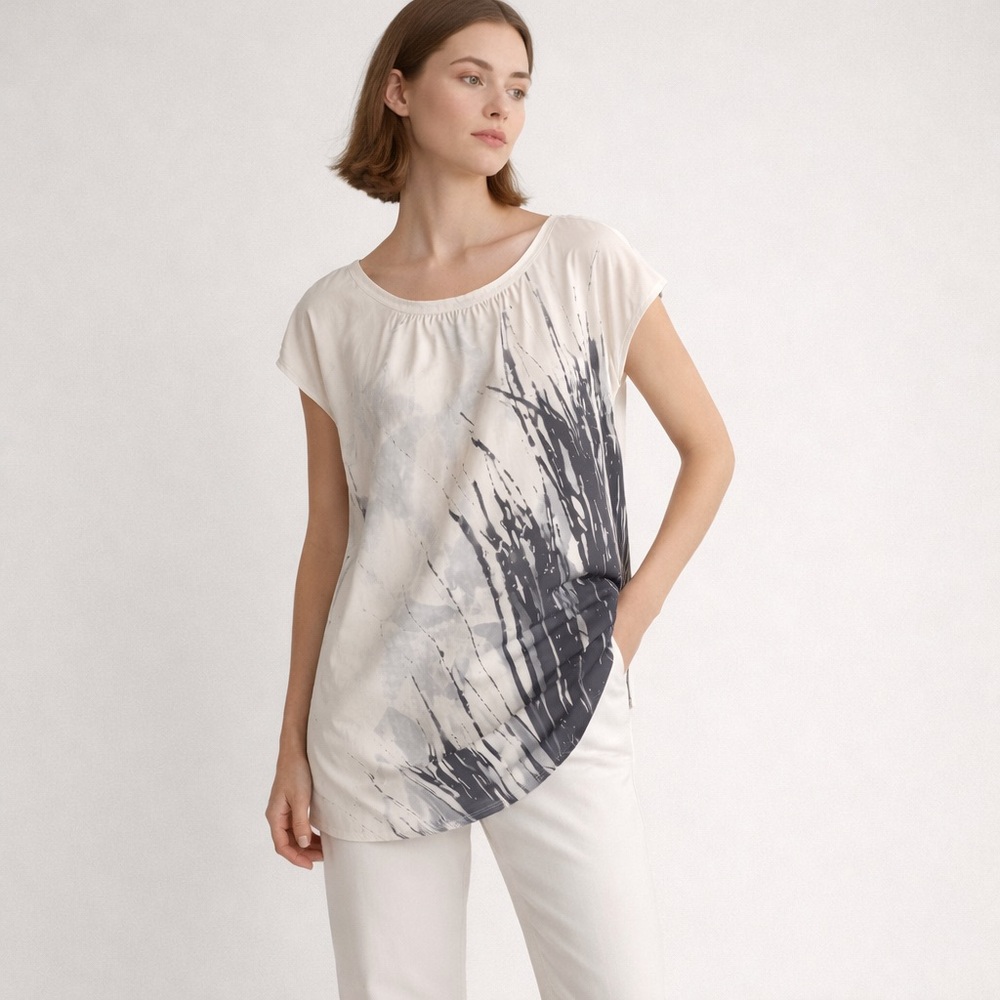 Sisley Abstract Brush Print Tunic Top XS Cream Black | NWOT